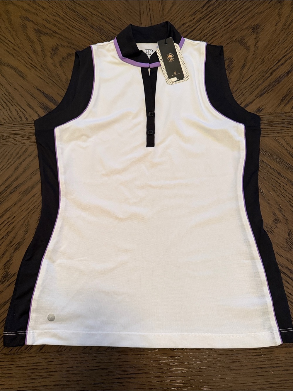 EP Pro White Sleeveless Polo Top with Black Panels & Purple Trim